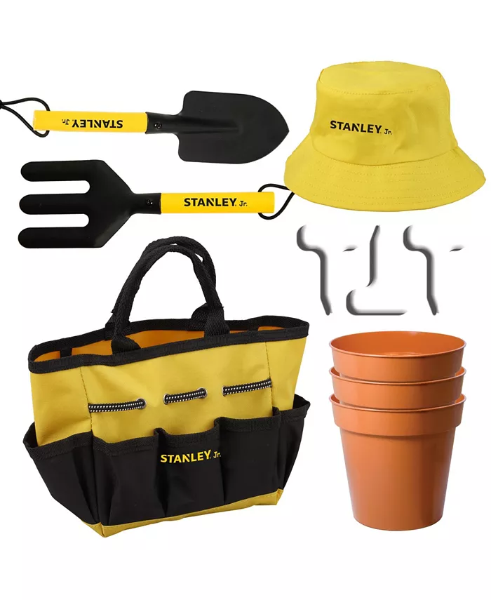 Red Tool Box Stanley Jr Garden Tools Set with Sun Hat and Bag For Kids， 10 Pieces