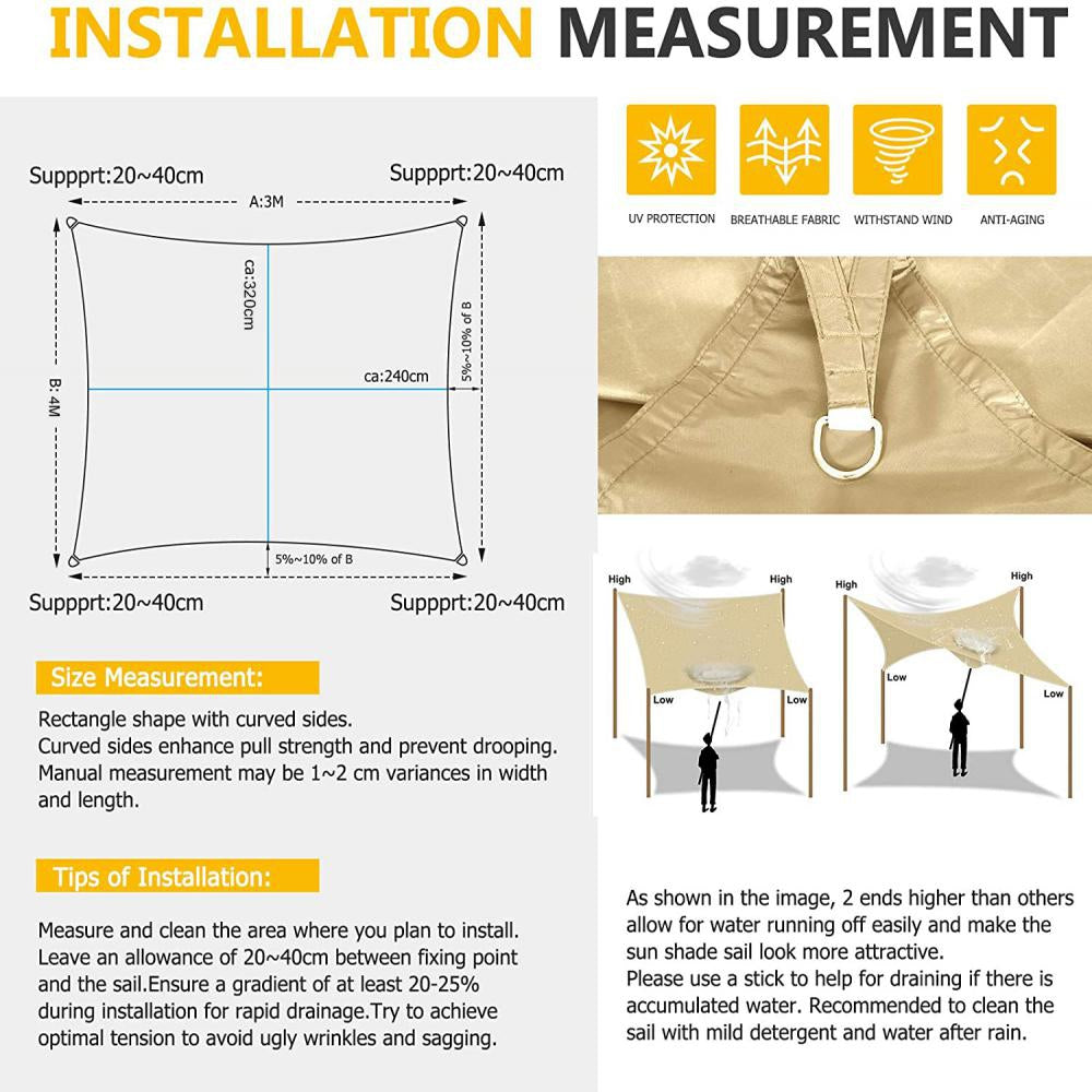 10' x 13' Sun Shade Sail, Beige Rectangle Outdoor Shade Cloth Pergola Cover UV Block Fabric