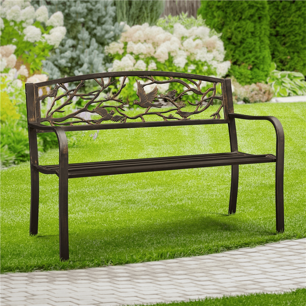 Yaheetech Patio Garden Bench with Vintage Bird Pattern, Bronze