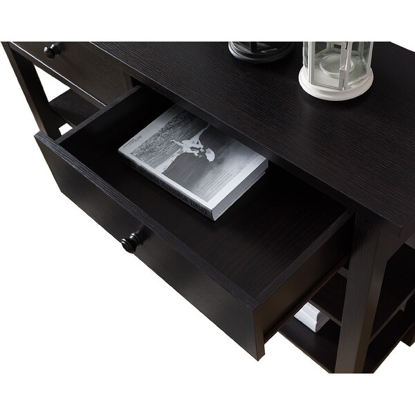 Two Drawer Console Table with Two Open Shelves and Block Legs， Dark Brown