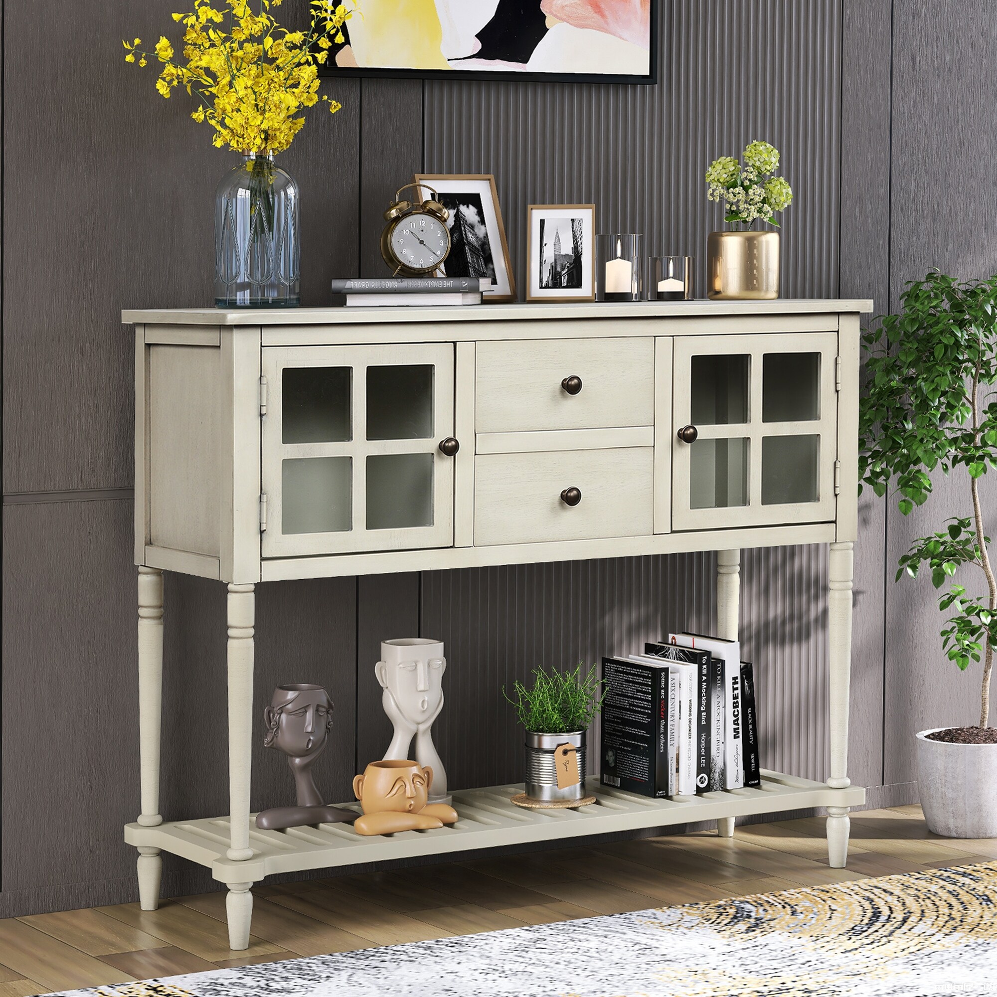 Sideboard Console Table with Bottom Shelf， Farmhouse Wood Glass Buffet Storage Cabinet Living Room Antique Grey