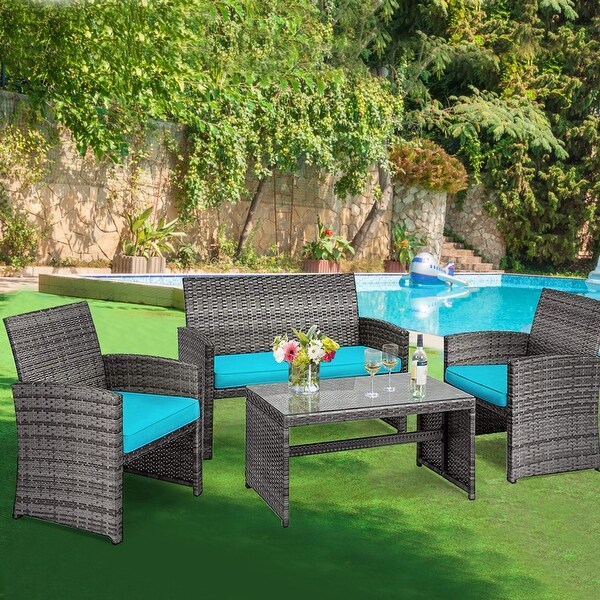 Gymax 4PCS Patio Outdoor Rattan Conversation Furniture Set w/