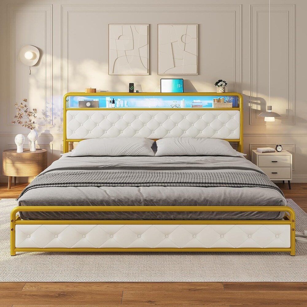 King Size Bed Frame with Built in LED Light Headboard