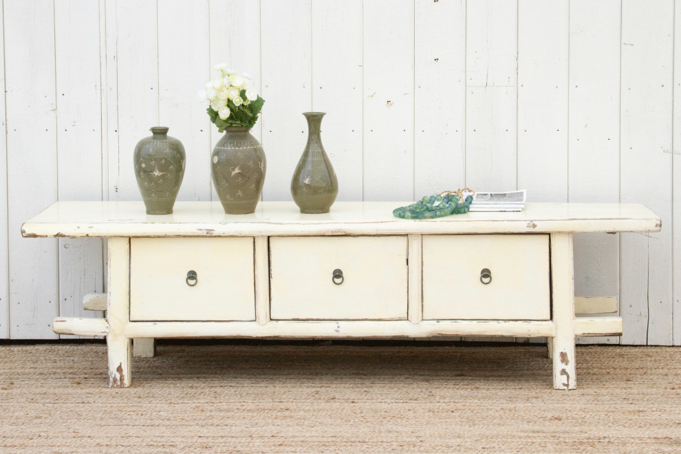 Lacquered White Three Drawer Low Console   Asian   Console Tables   by De cor  Houzz