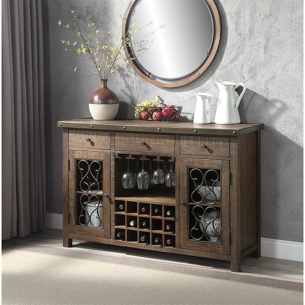 2 Doors and 3 Drawers Wood Server with Metal Hardware in Weathered Cherry