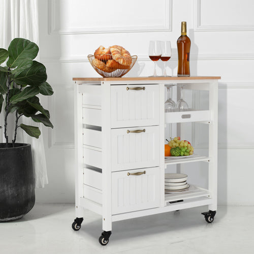 VINGLI Kitchen Island Rolling Storage Cart with 3 Drawer 3 Tier Holder Serving Bar Cart Coffee Bar Small Kitchen Microwave Trolley with Natural Solid Wood Top Caster Home Furniture， White