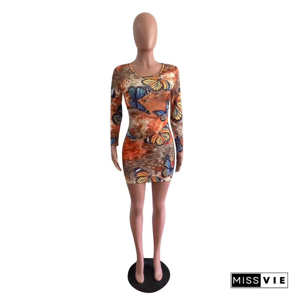 Fashion Butterfly Print Sexy Tight-fitting Long-sleeved Dress