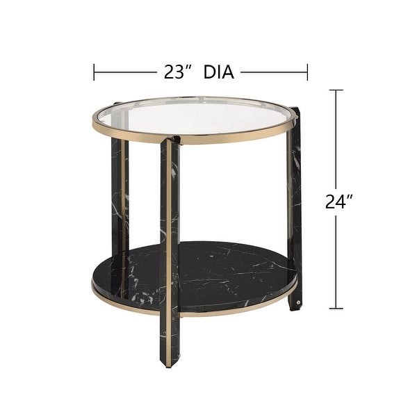 1 Tier Shelf Round Faux Marble Glass End Table in Black and Champagne