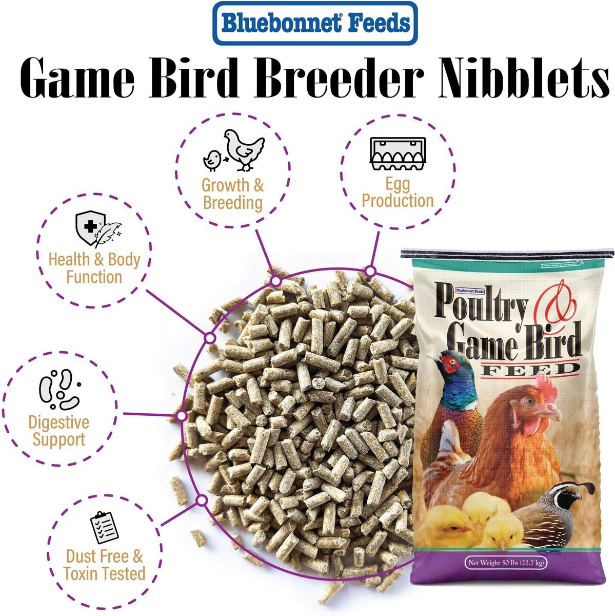 Bluebonnet Feeds Game Bird Breeder Nibblet Bird Food， 50-lb bag