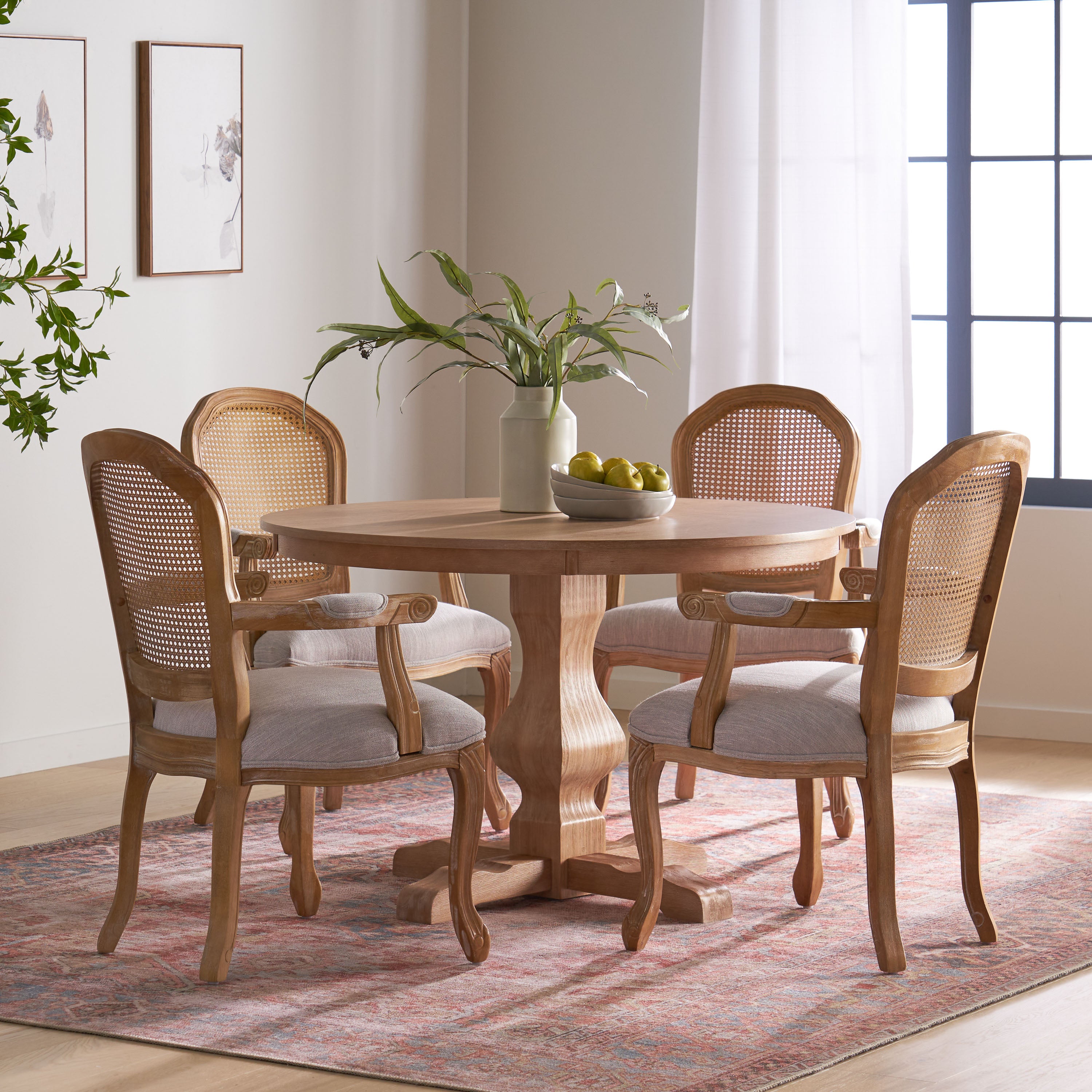 Ardyce French Country Fabric Upholstered Wood and Cane 5 Piece Circular Dining Set