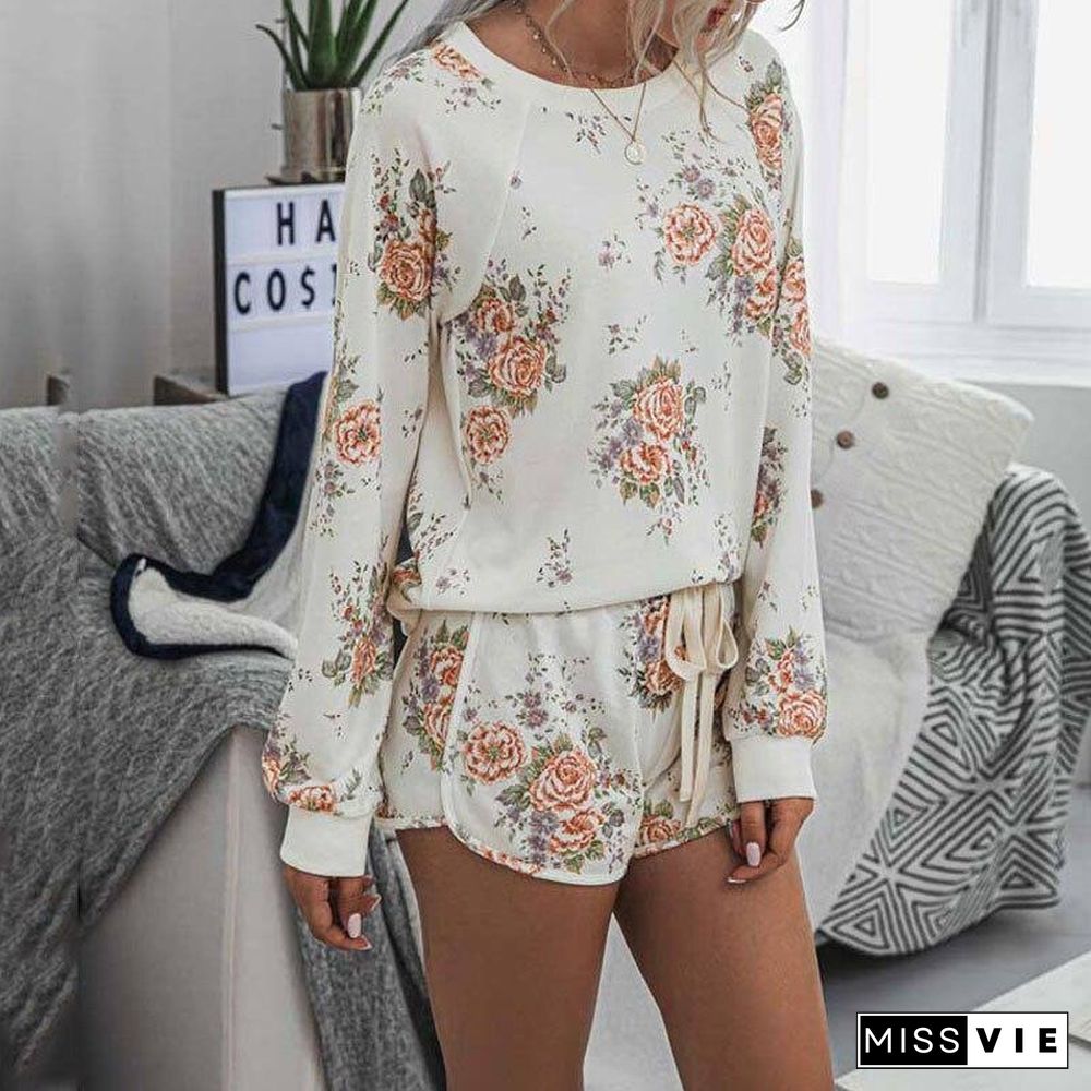 Flower Print Sweat Suits Women Two Piece Set Home Ladies Tracksuits Long Sleeve Top and Pant Mini Shorts Sexy Set Sweatsuit