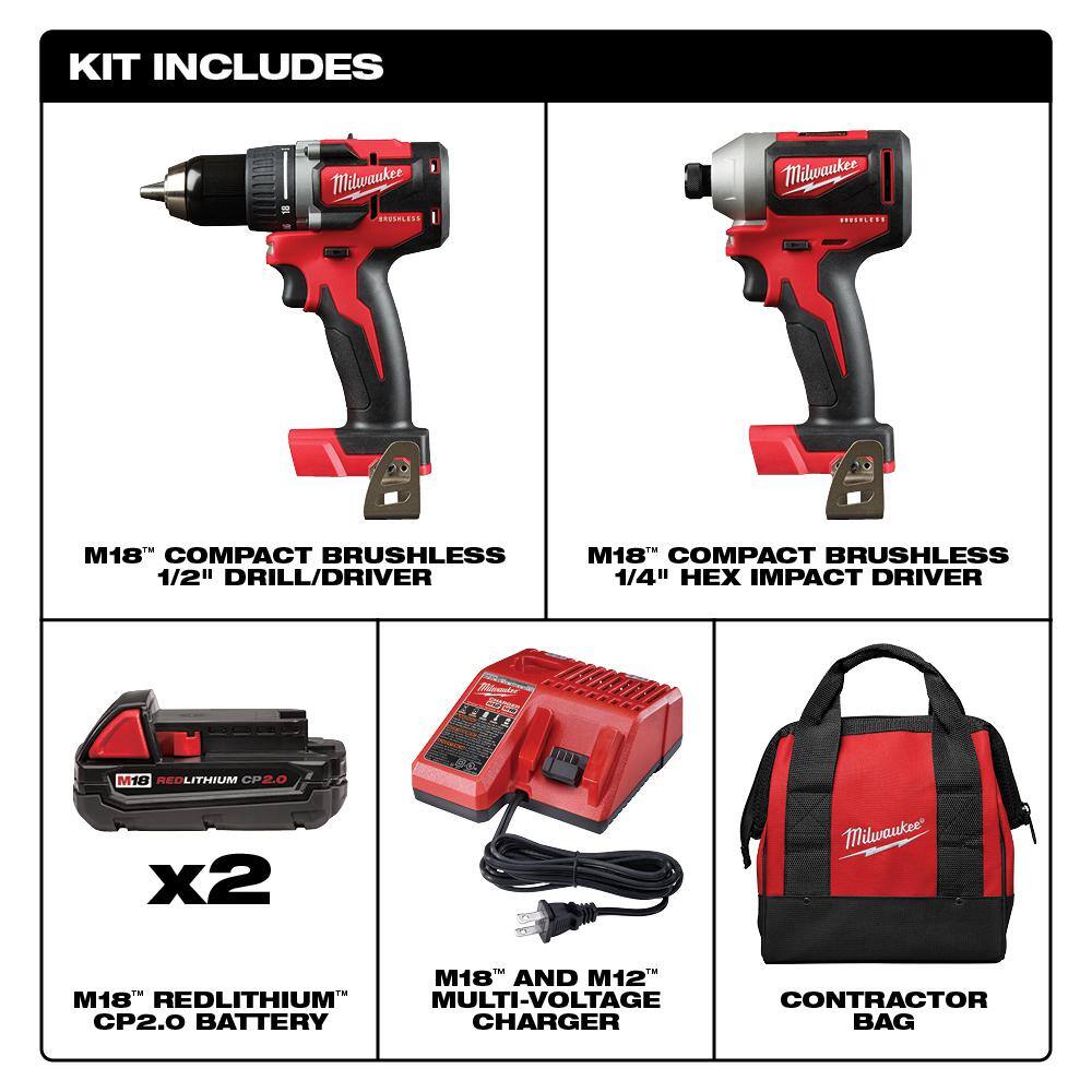 MW M18 18V Lithium-Ion Brushless Cordless Compact DrillImpact Combo Kit (2-Tool) W (2) 2.0Ah Batteries Charger  Bag 2892-22CT