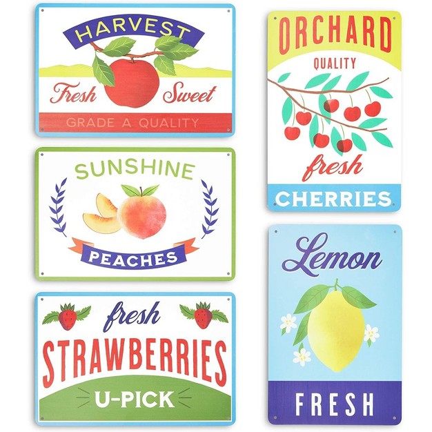 Farmlyn Creek 5 Pack Fruit Crate Label Wall Signs Metal Kitchen Decor 5 Designs 11 8 X 7 8 In