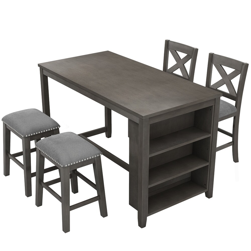 Rustic 5 Pieces Counter Height Dining Table Set Gray Wooden Bar Table Set with 3 Tier Storage Shelf  2 Stools and 2 Chairs