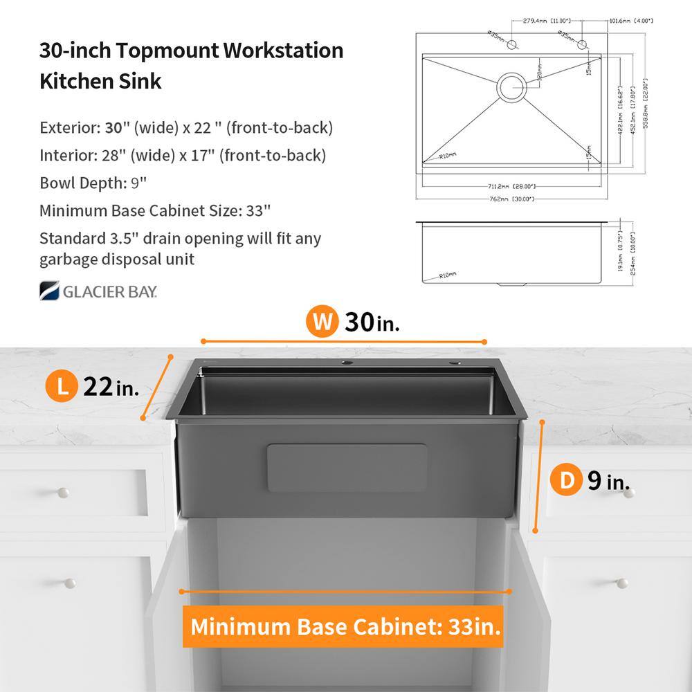 Glacier Bay 30 in. Gunmetal Black Stainless Steel Single Bowl Dual Mount Workstation Kitchen Sink with Black Spring Neck Faucet ACS3022A1T-FW