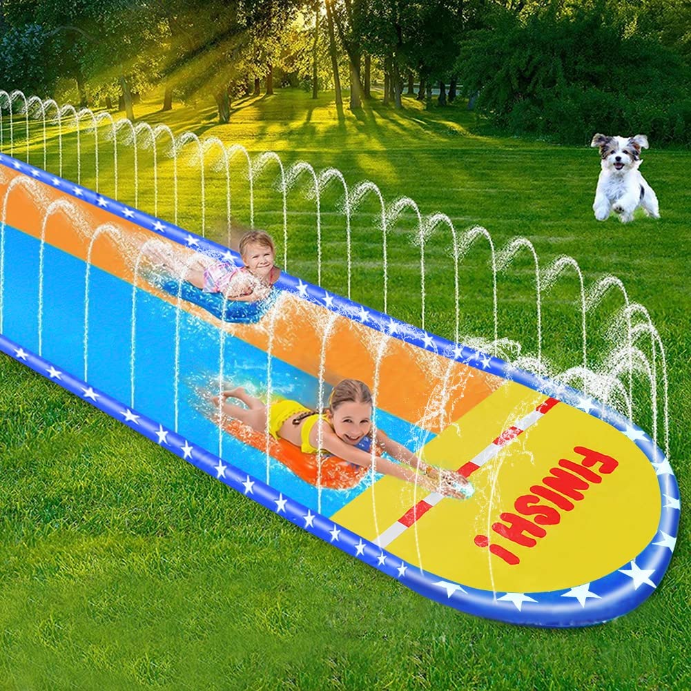 Terra Durable Slip Water Slides for Kids Extra Long and Wide 2 Racing Lanes Sprinkler Water Slide Toys with 2 Bodyboard For Outdoor Play (20' Extra Long Double Slip Water Slides)