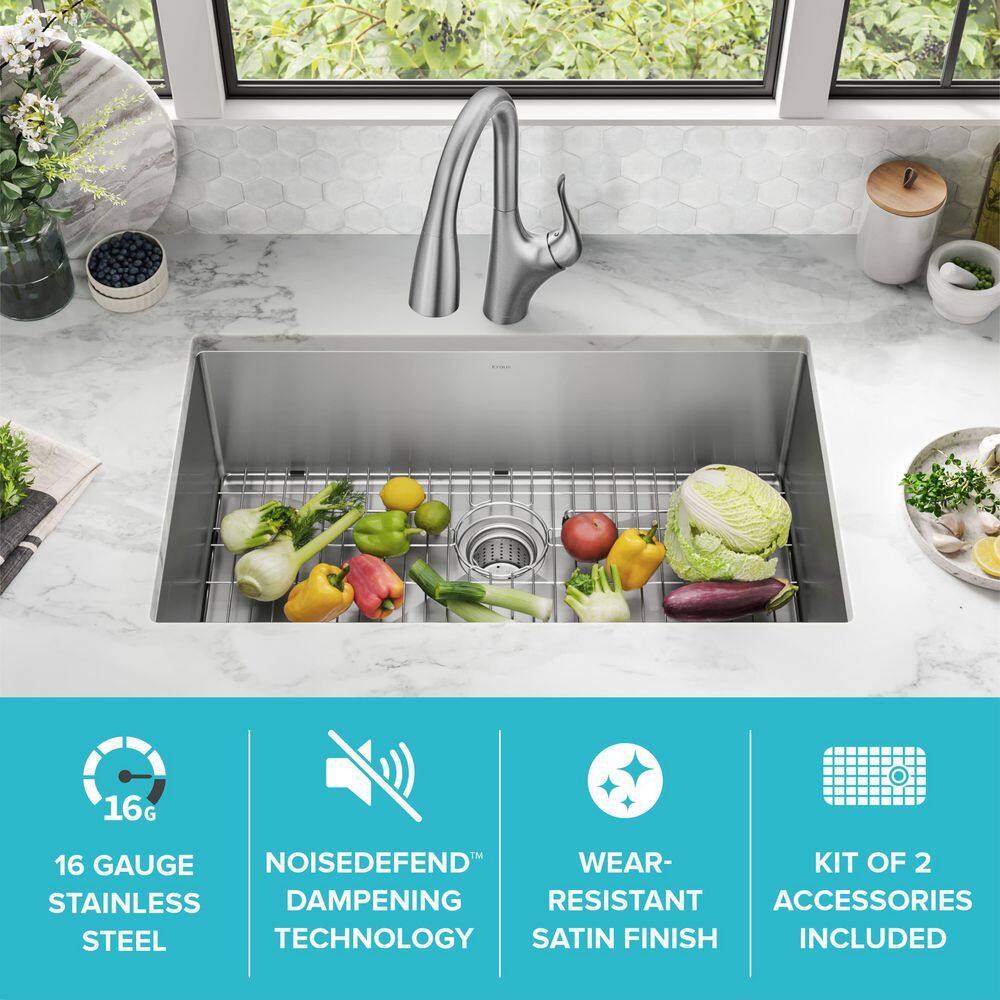 KRAUS Standart PRO 32 in. Undermount Single Bowl 16 Gauge Stainless Steel Kitchen Sink with Accessories KHU100-32