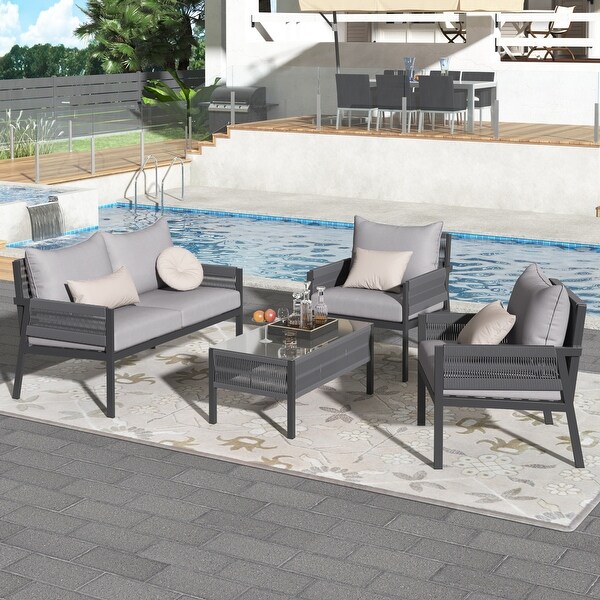 4Pieces Rope Outdoor Furniture Set with Glass Table