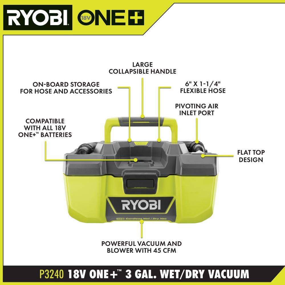 RYOBI ONE+ 18V 3 Gal. Project WetDry Vacuum with Accessory Storage (Tool Only) P3240