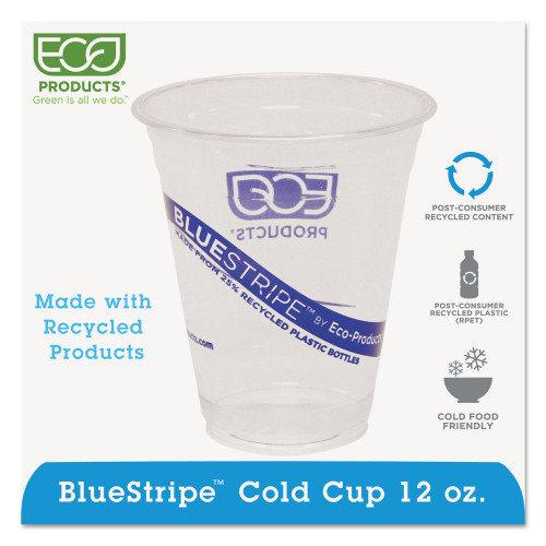 Eco-Products BlueStripe 25% Recycled Content Cold Cups， 12 oz， Clear/Blue， 50/Pack， 20 Packs/Carton (EPCR12)