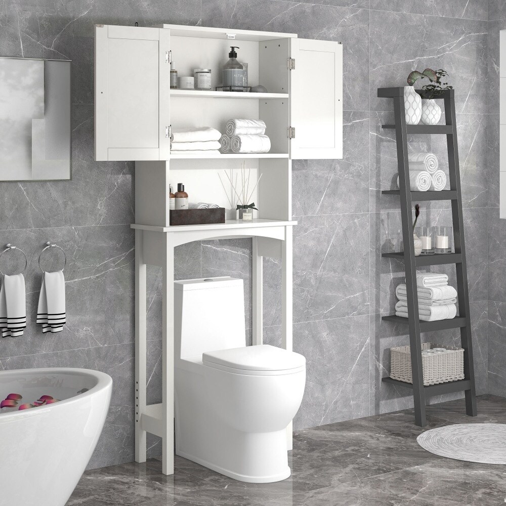 62.20'' H White Over The Toilet Bathroom Cabinet with Shelf and Two Doors Space Saving Storage   8.8'' W × 62.2'' H