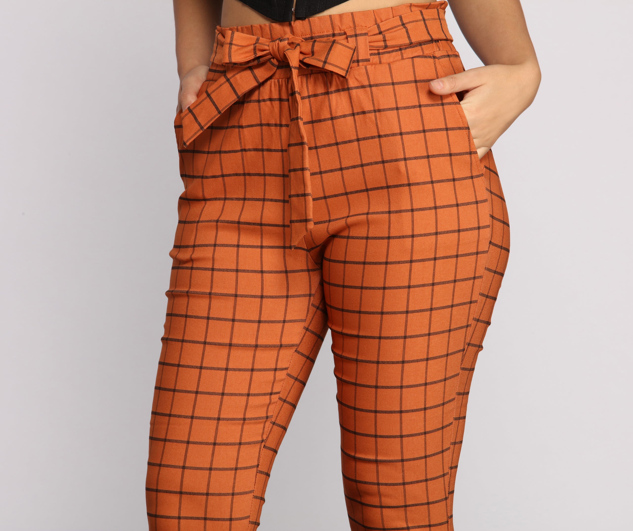 High Waist Paperbag Window Pane Pants