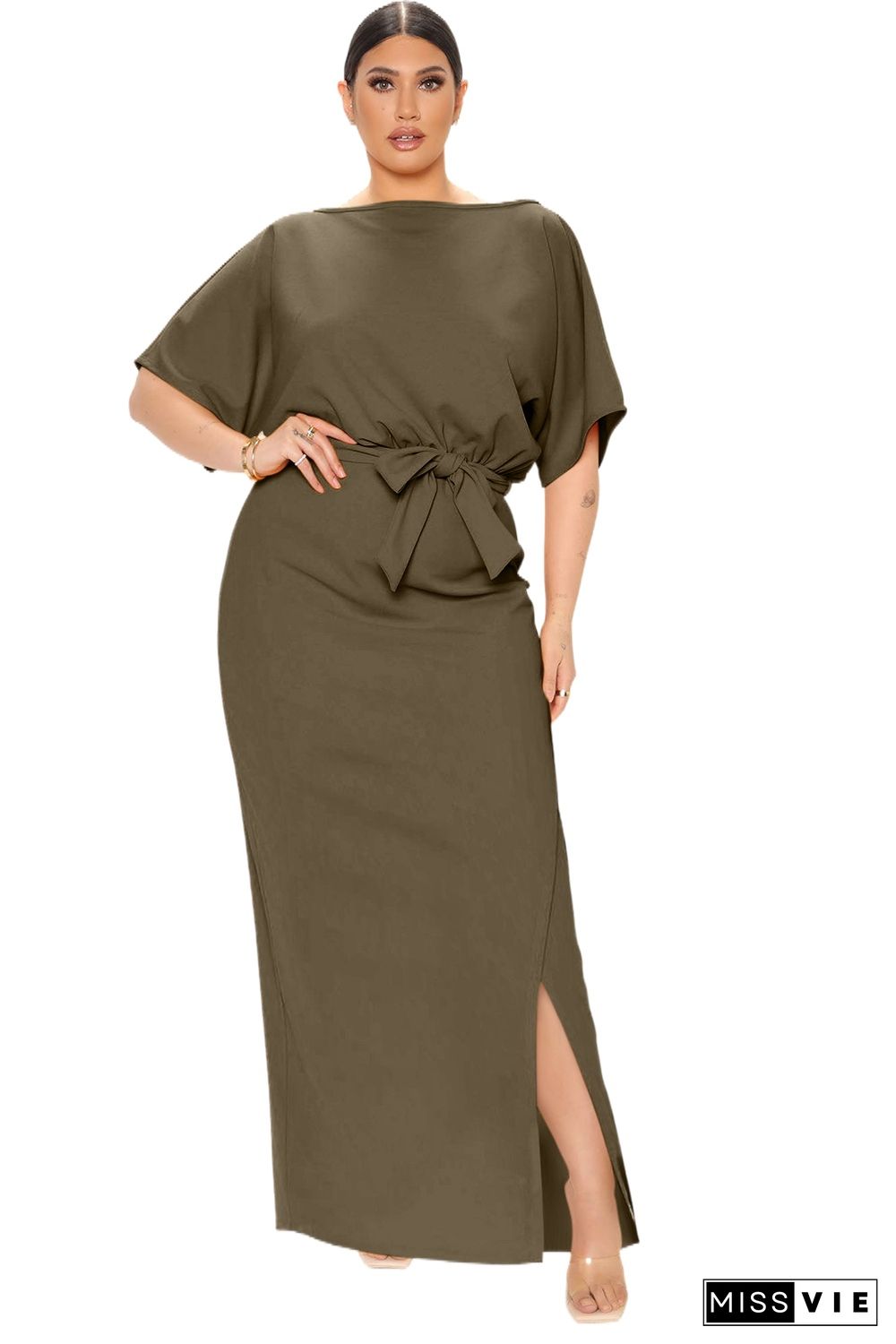 Green Belted High Waist Side Slit Plus Size Maxi Dress