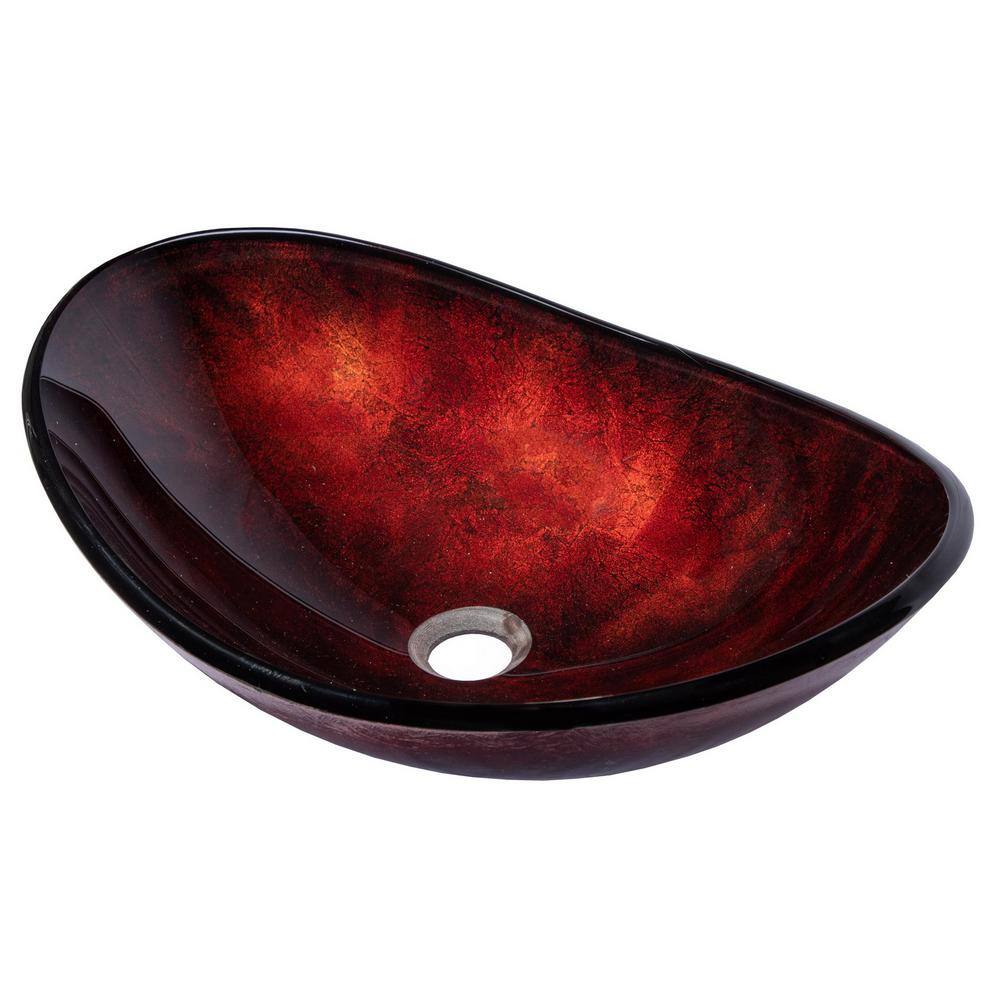 Eden Bath Canoe Shaped Reflections Glass Vessel Sink in Red Copper with Pop-Up Drain and Mounting Ring in Chrome EB_GS40-D2MCR