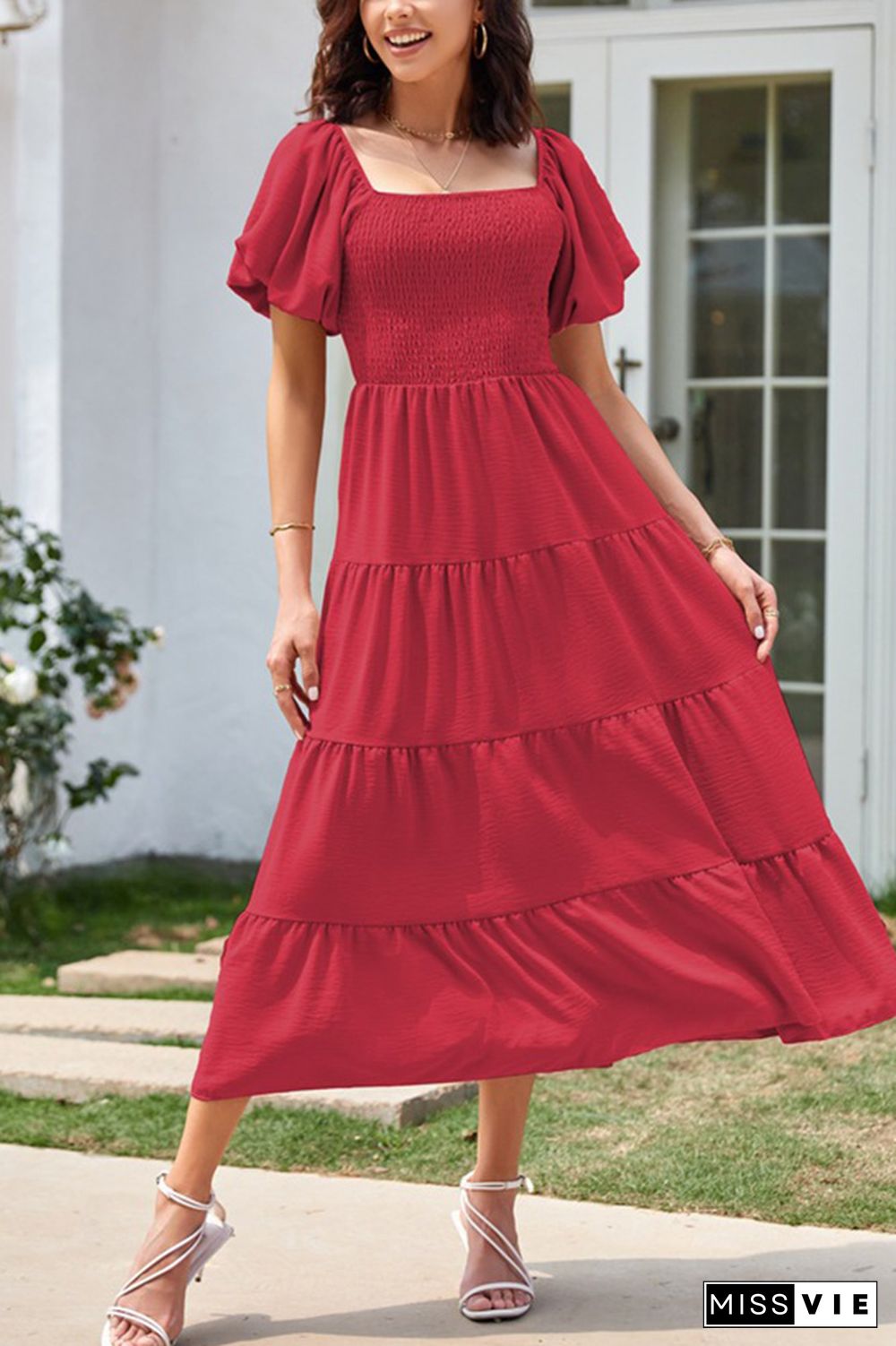 Square Neck Puff Sleeves Tiered Long Dress