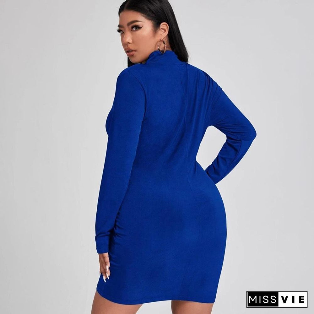 Solid Long Sleeve Zip Up O Neck Casual Dress