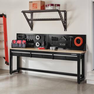 Husky Ready-To-Assemble 8 ft. Solid Wood Top Workbench in Black with Pegboard and 3 Drawers G9603S-US