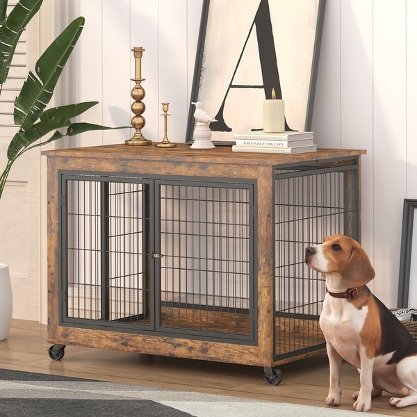 Industrial Wooden Iron Dog Crate， Dog Kennels with 3 Doors and Wheels， Pet Crate Side End Table for Medium and Small Dog