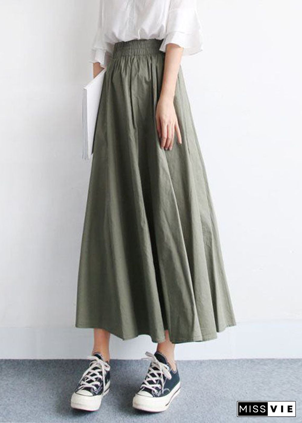 Stylish Green Wrinkled Patchwork Exra Large Hem Cotton Skirts Summer