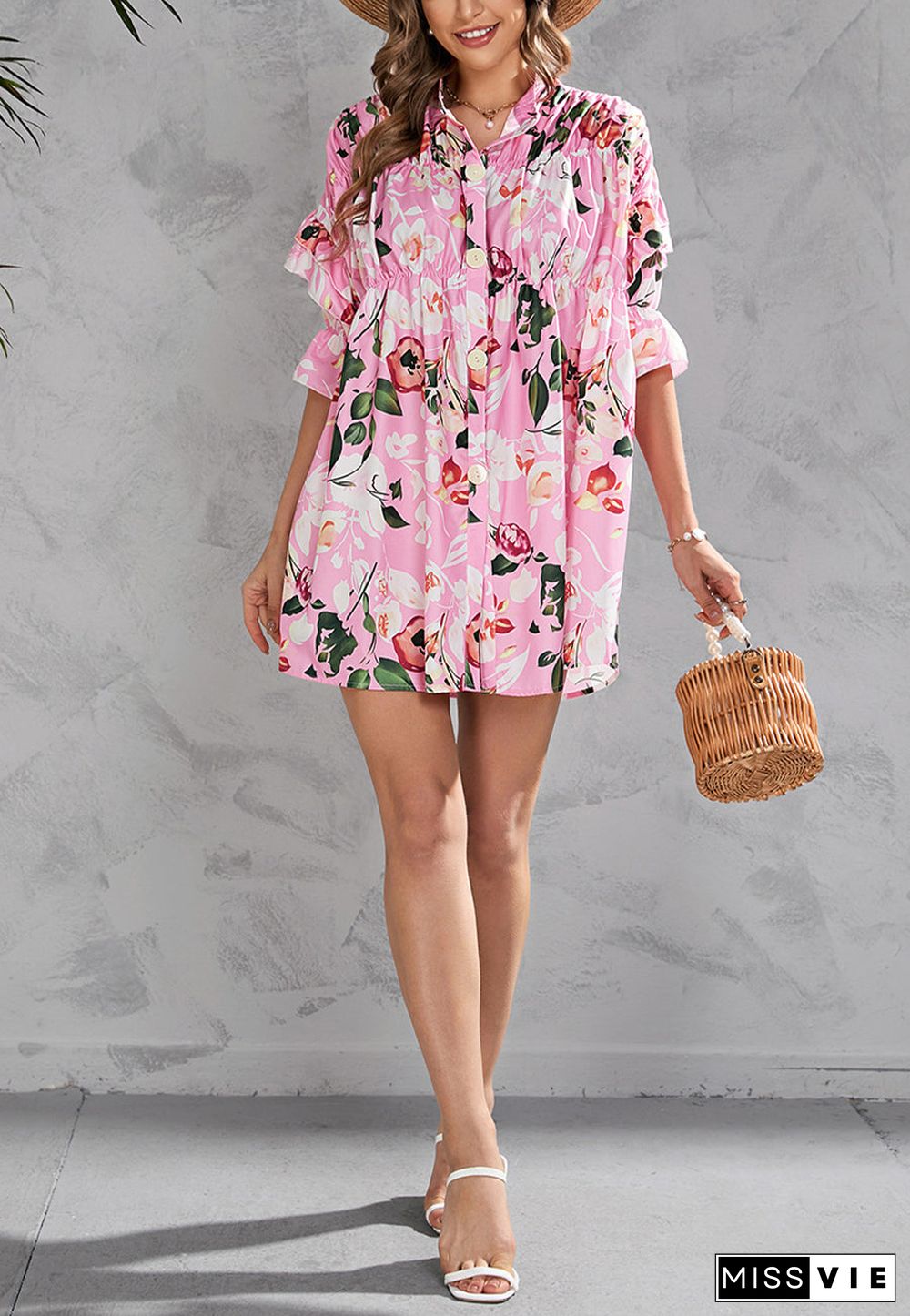 Printed Front Down Button Dress