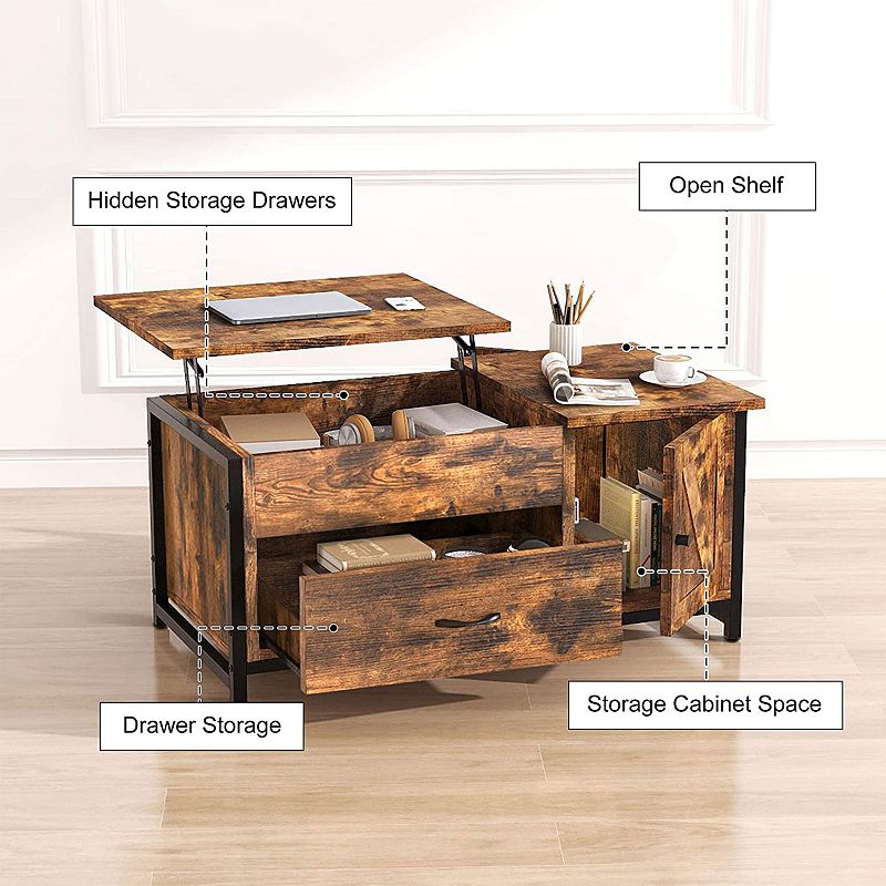 FABATO 41.7 Inch Lift Top Rustic Open Storage Coffee Table with Drawers， Brown