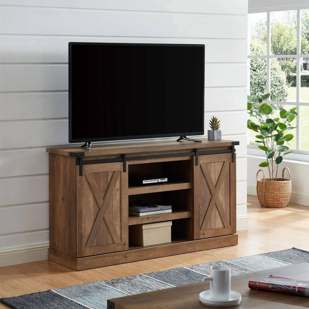 EDYO LIVING Rustic Farmhouse TV Stand Table With Sliding Barn Door Rustic Oak CYTVS15-RSO