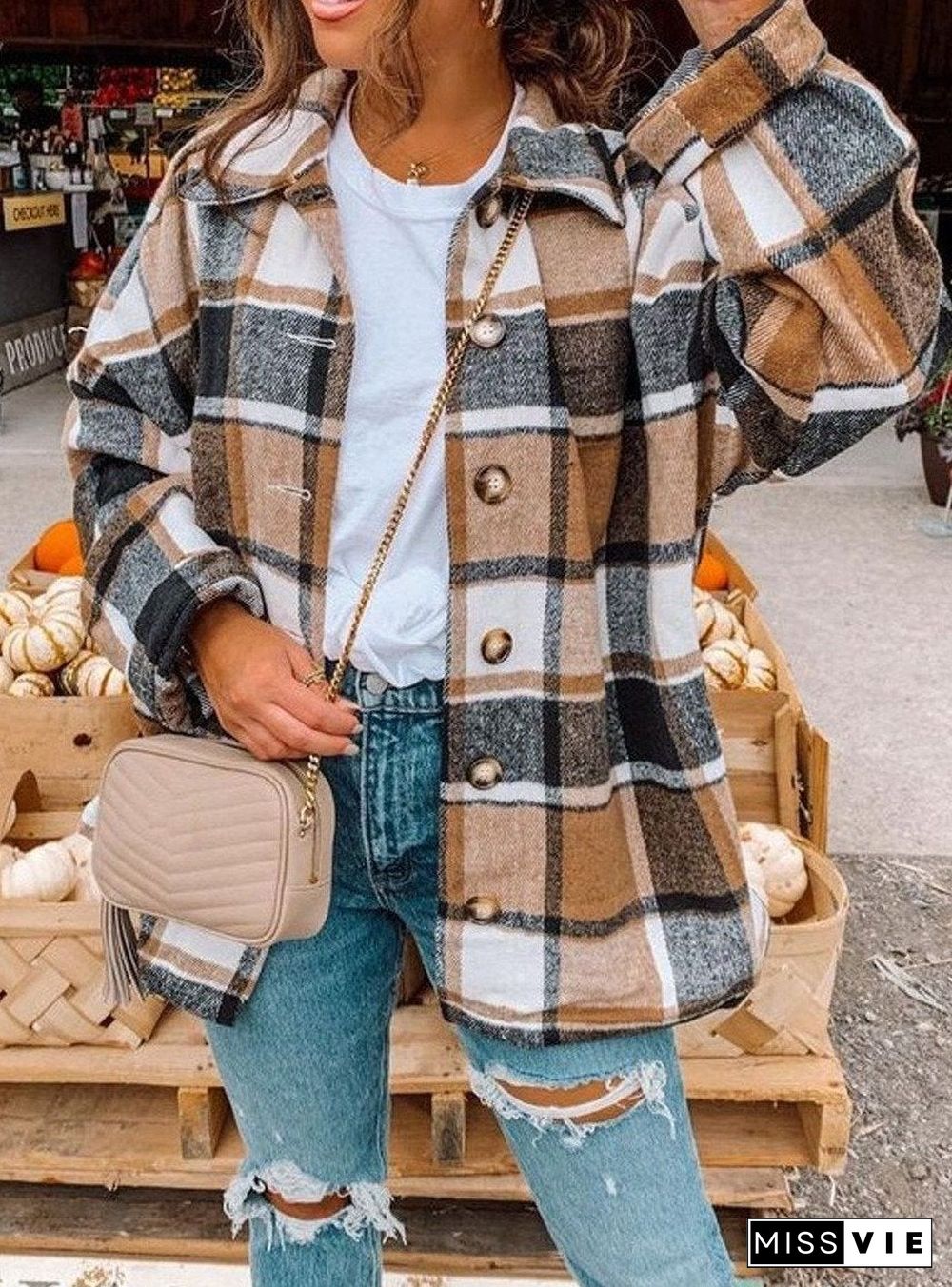 Long Sleeve Lapel Loose Plaid Shirt Jacket