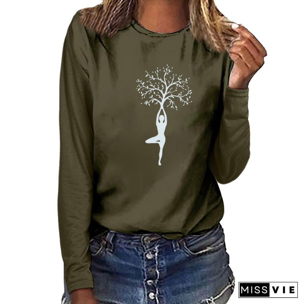 Lady Tree Print Long Sleeve T-shirts Women Autumn Winter ShirtsFor Women Cotton Graphic Tees Aesthetic White O Neck Tops Female