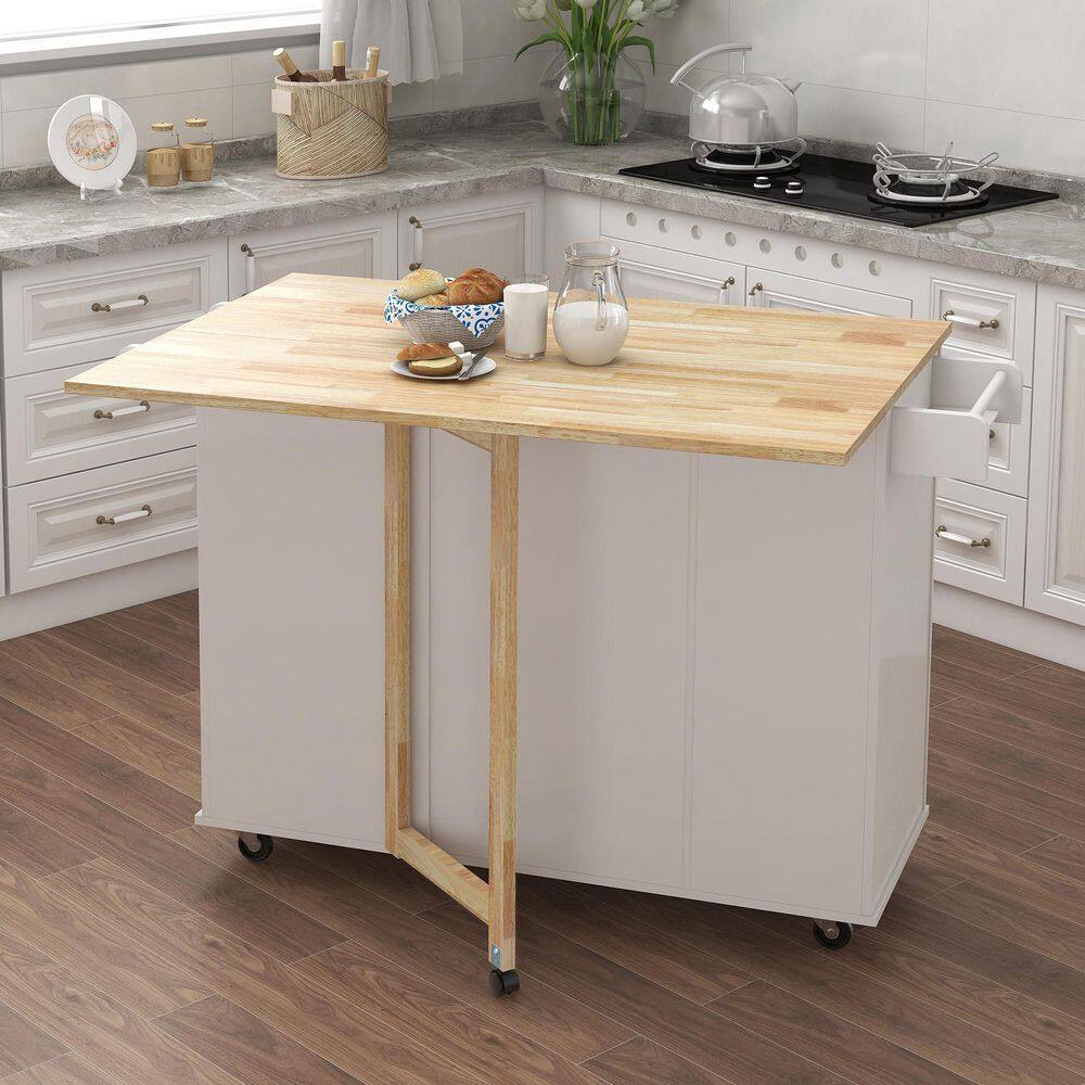 Tileon White Kithcen Island with Spice Rack and Towel Rack MDF Kitchen Island with Solid Wood Folding Table Top AYBSZHD2124