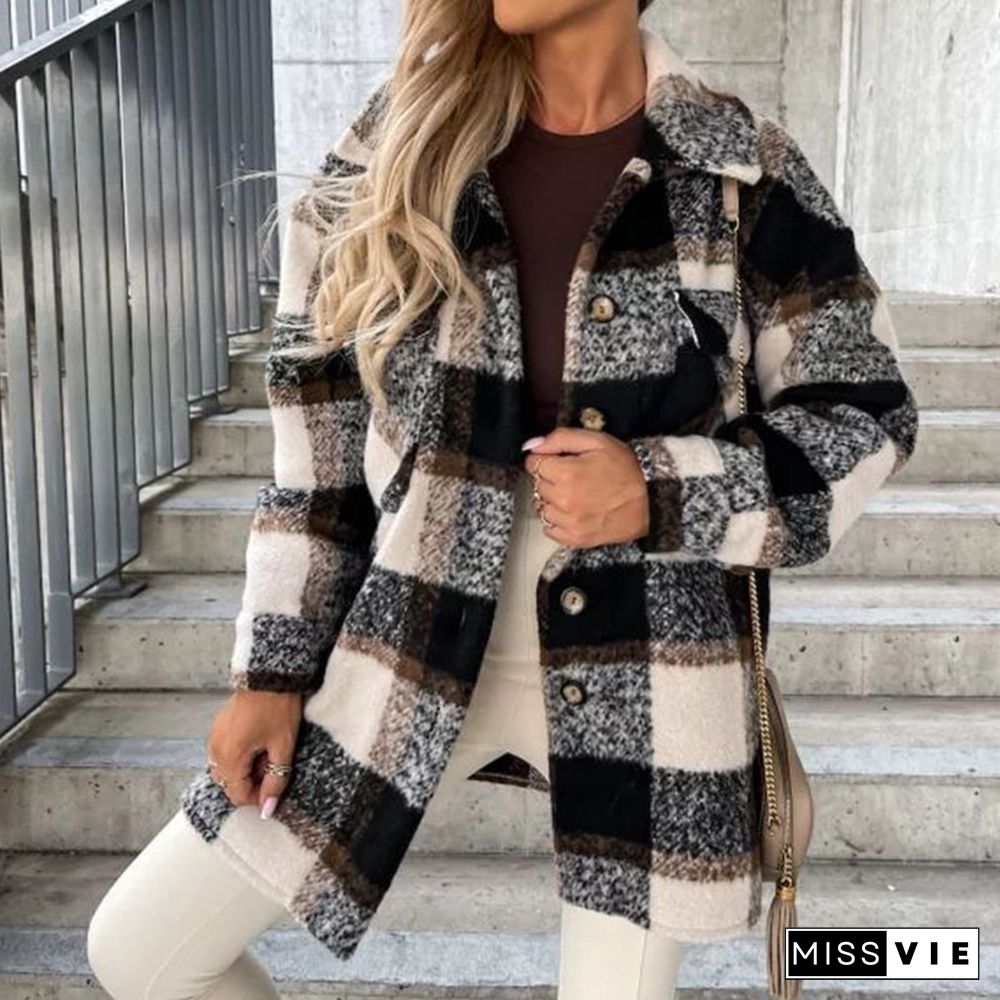 Women Elegant Plaid Print Fleece Straight Jackets Fashion Lapel Collar Button Loose Coats Casual Long Sleeve Straight Outerwear