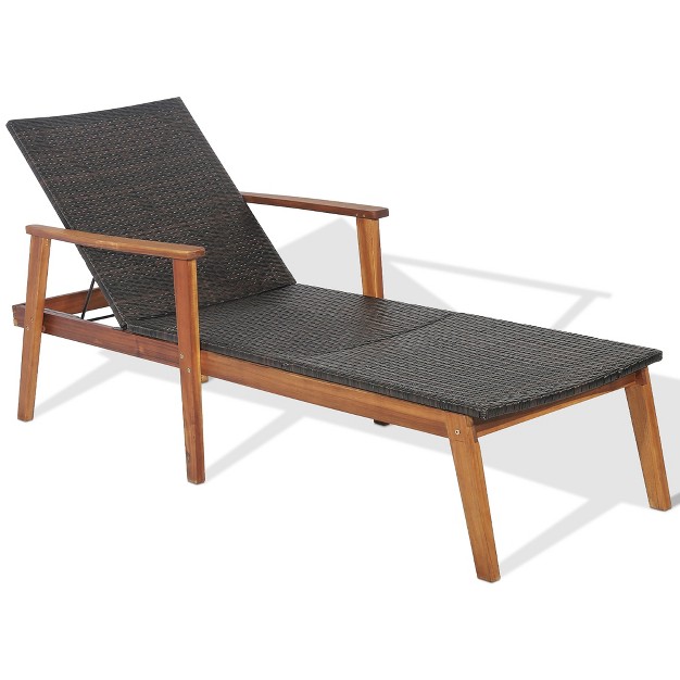 Tangkula Adjustable Patio Rattan Lounge Chair Recliner Outdoor Chaise Acacia Wood Frame