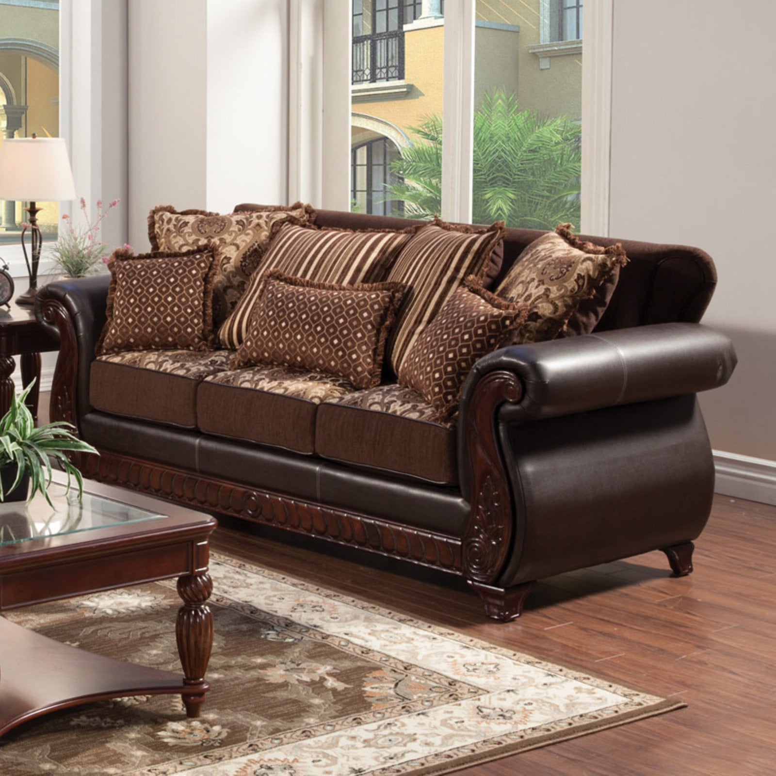 Furniture of America Richborough Fabric and Leatherette Sofa - Dark Brown