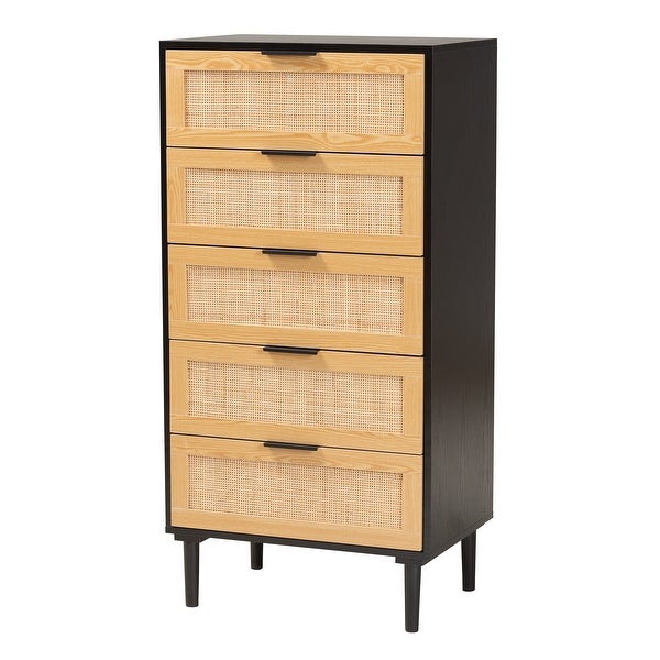 Maureen Mid-Century Modern Espresso Brown Wood and Rattan 5-Drawer Storage Cabinet - - 36118438