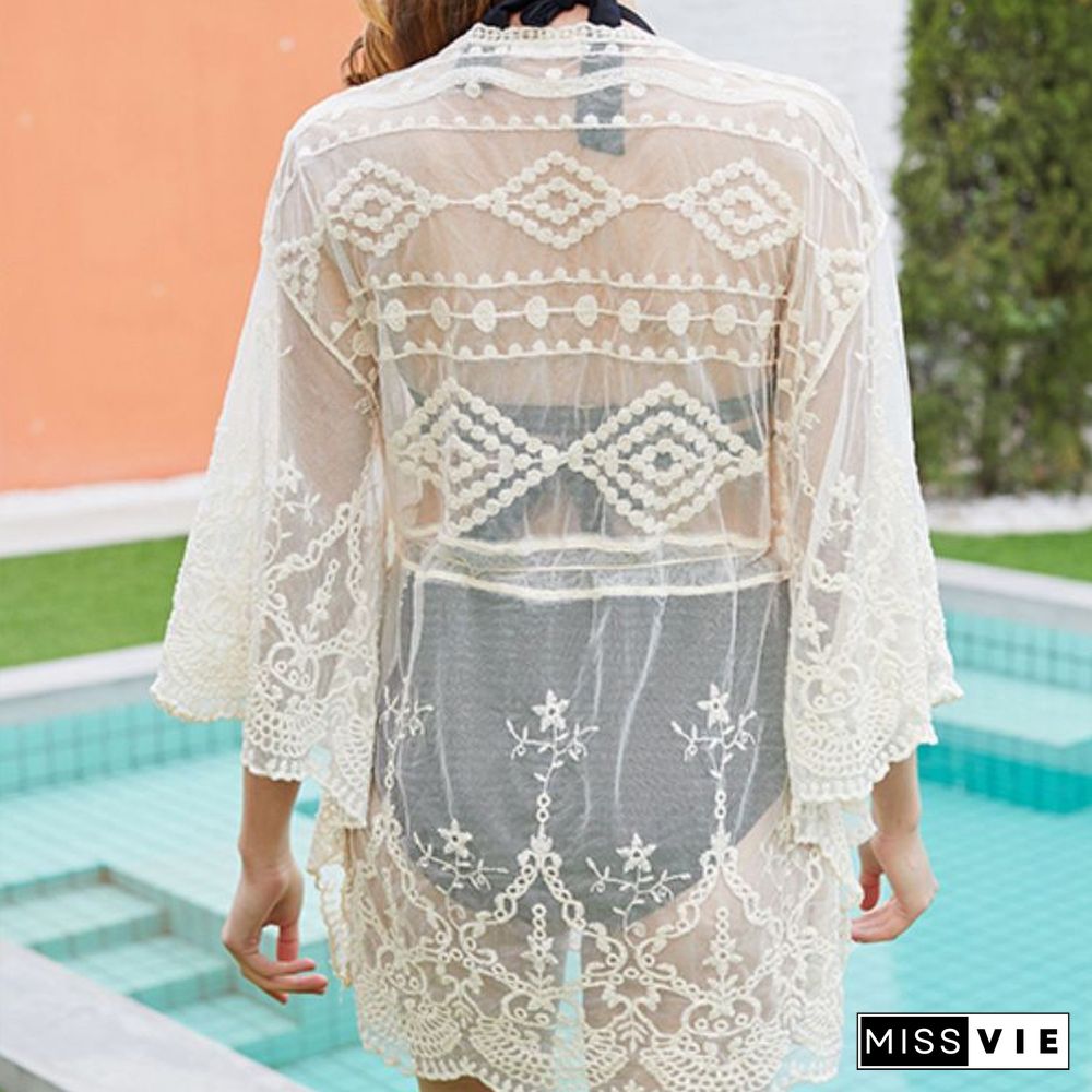 Crochet Embroidery Batwing White Lace Mesh Bathing Suit Swim Cover Up Beach Dress