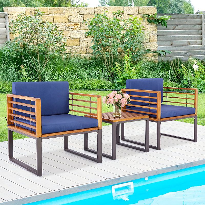 3 Pieces Patio Acacia Wood Conversation Set With Cushioned Armchairs -  Navy