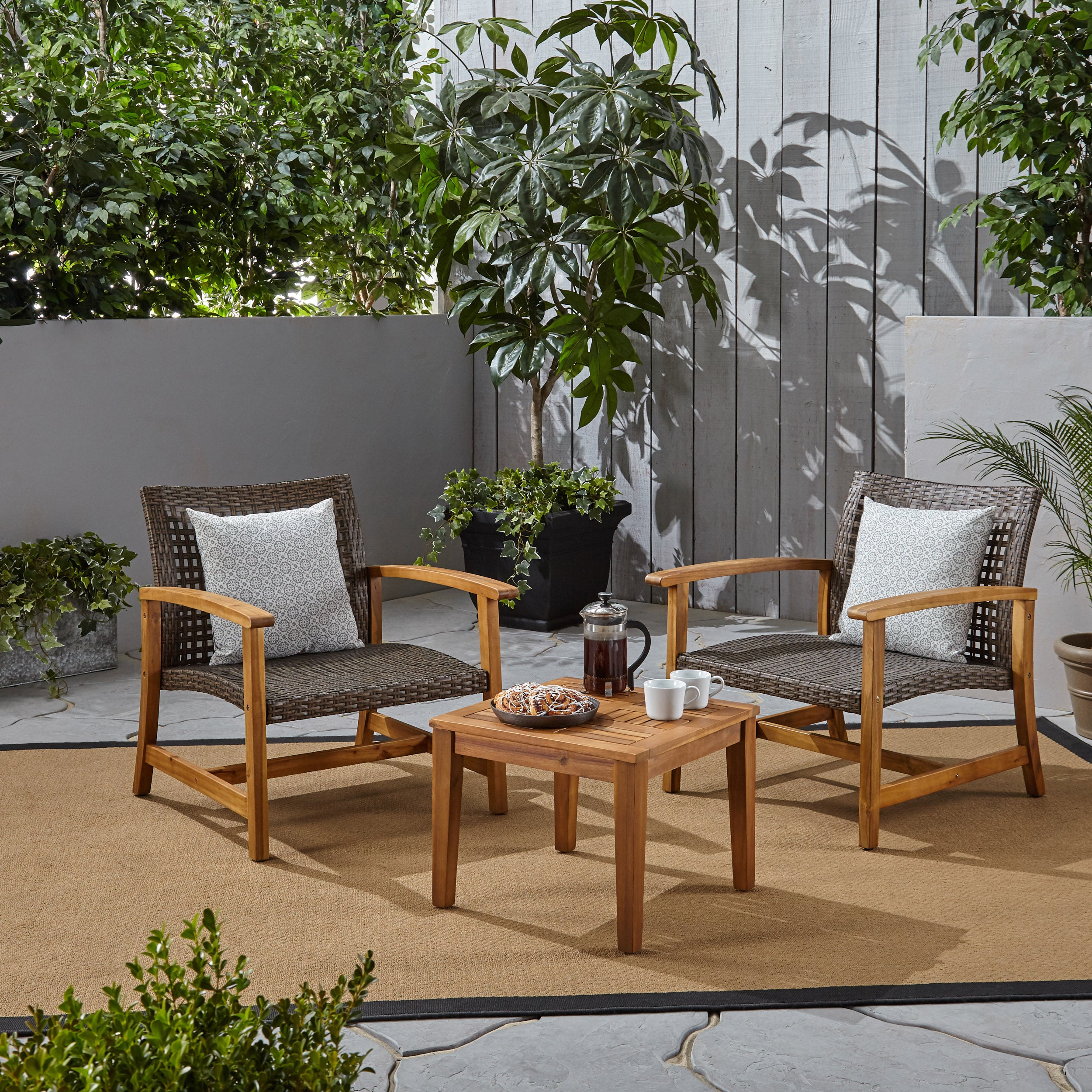 Alyssa Outdoor 3 Piece Wood and Wicker Club Chairs and Side Table Set