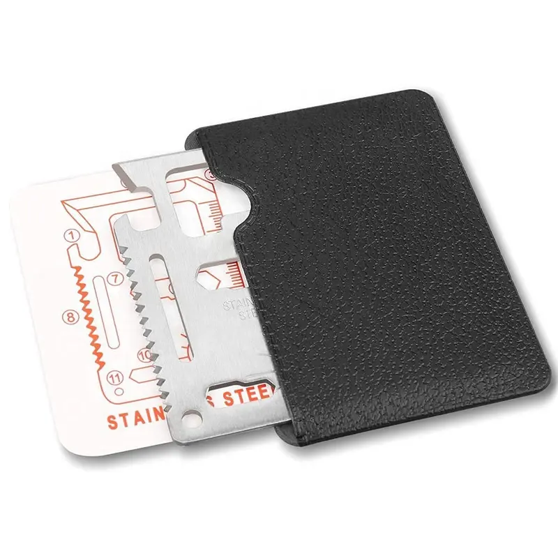 Outdoor camping hiking survival credit card multitool 11 in 1 wallet size stainless steel multitool card with leather bag