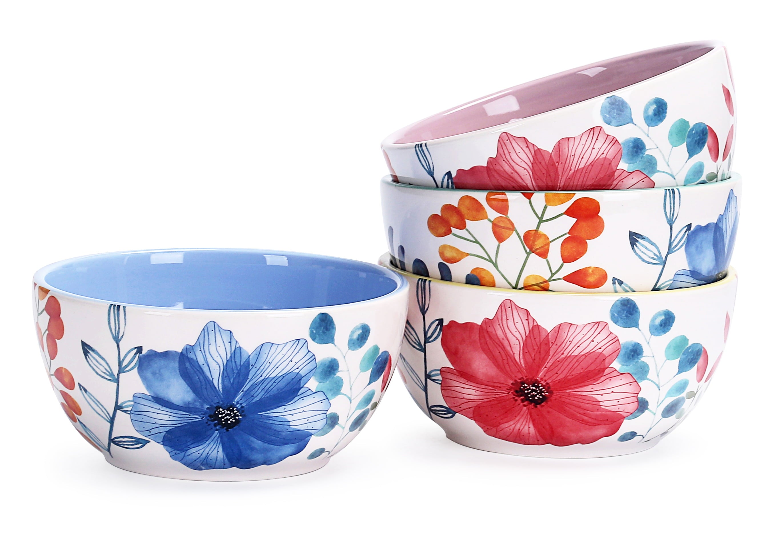 Bico Flower Carnival Ceramic Bowls Set of 4， 26oz， for Pasta， Salad， Cereal， Soup and Microwave and Dishwasher Safe