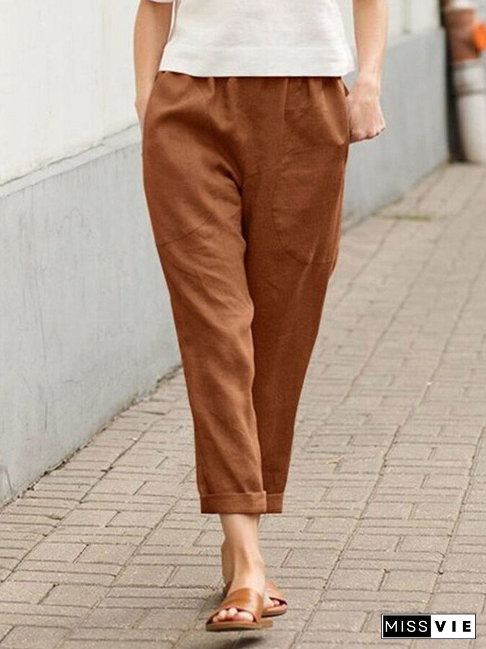 Women's Cotton Linen Solid Color Loose Pocket Harem Pants