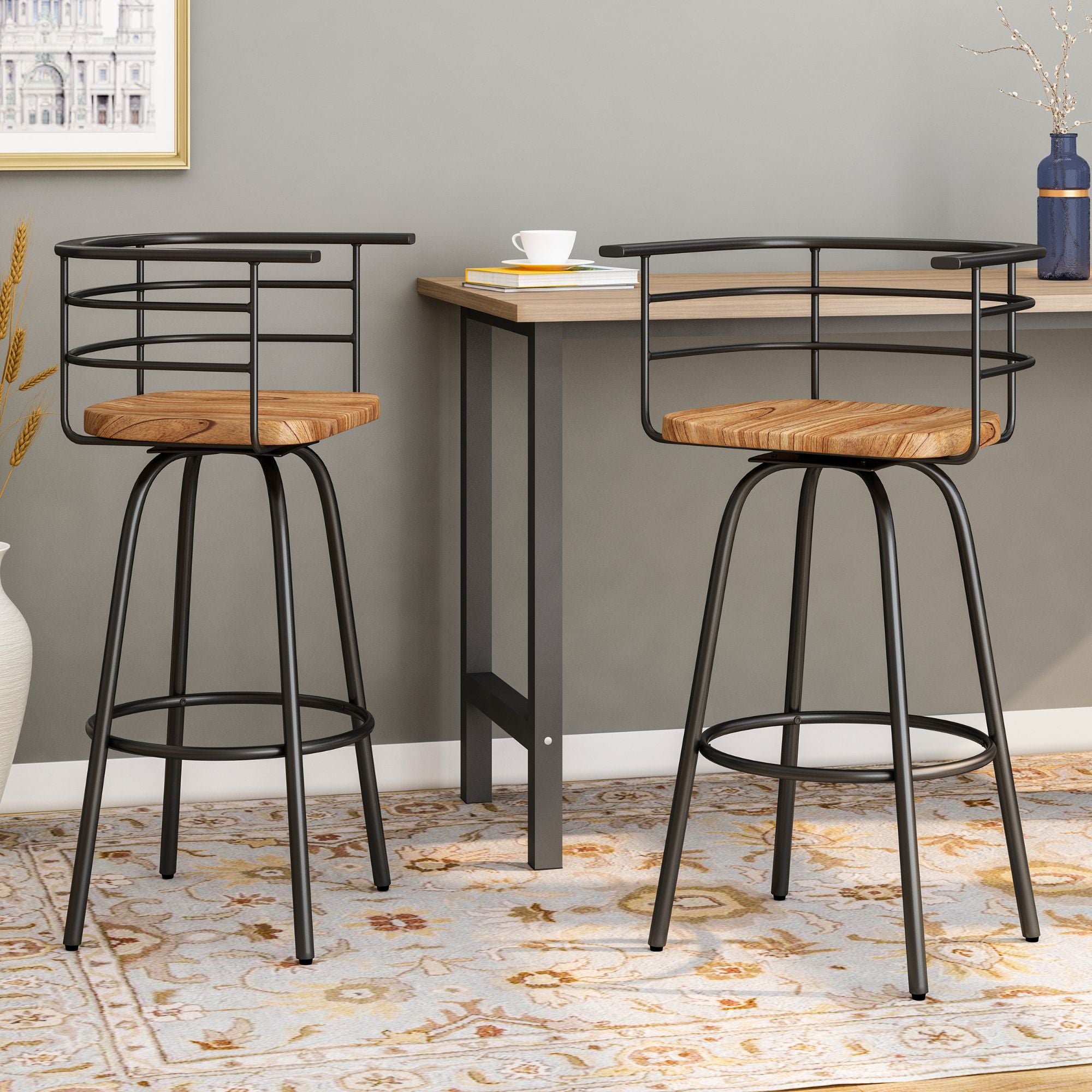 Set of 2 Brown and Gray Modern Swivel Bar Stools 38.5